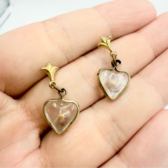 Vintage Gold Heart Drop Earrings with Clear Resin and Floral Detail - Picture 7 of 7